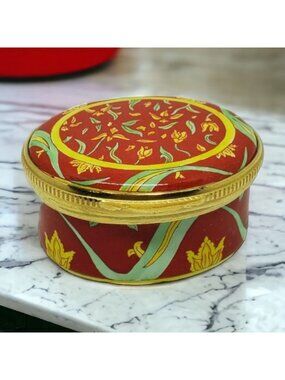Crummles English Enamels Trinket Box Art Nouveau Tulip Iris Floral Chintz Red